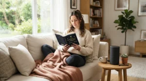 Happy homeowner sitting near a powerful HEPA carbon air purifier for smokers in a fresh room