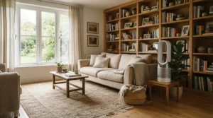 A family lounge featuring a modern HEPA ioniser air purifier for allergies near the bookshelf.