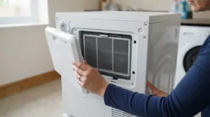 Checking the dual filtration system on a HEPA ioniser air purifier for allergies.