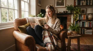 A person relaxing indoors, protected by a HEPA ioniser air purifier for allergies during pollen season.