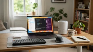 A compact HEPA ioniser air purifier for allergies running on a desk in a home workspace.
