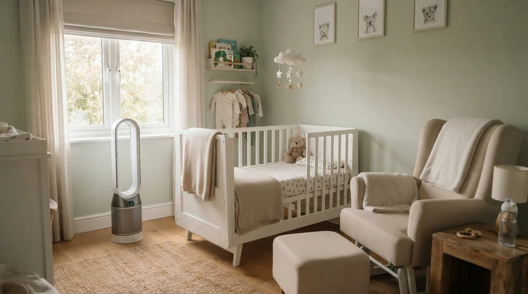 A quiet HEPA ioniser air purifier for allergies maintaining clean air in a child's nursery.