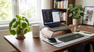 A HEPA ioniser air purifier working on a desk next to a laptop in a British terraced house study.