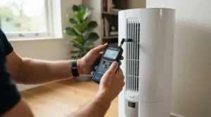 Testing the ion output rating of a HEPA ioniser air purifier with a digital meter in a study.