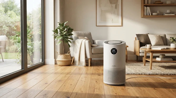 A sleek HEPA ioniser air purifier operating quietly in a modern London flat living room.