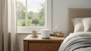 An ozone-free certification label displayed next to a compact HEPA ioniser air purifier in a bedroom.