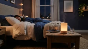 A compact HEPA ioniser air purifier under £200 operating quietly on a bedside table in a cosy modern bedroom.