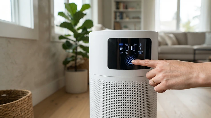 A close-up view of the digital touch control panel on a HEPA ioniser air purifier under £200.