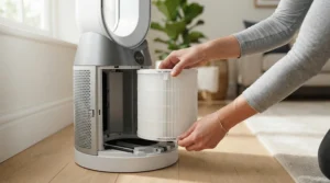 A person easily changing the multi-stage filter inside a HEPA ioniser air purifier under £200.