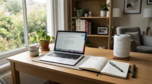 A desktop HEPA ioniser air purifier under £200 working next to a laptop in a tidy home study.