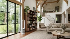 A powerful HEPA ioniser air purifier under £200 positioned in the corner of a spacious, airy Victorian living room.