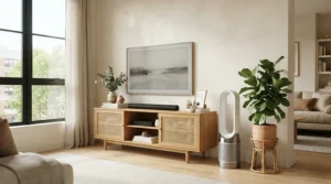 A stylish HEPA ioniser air purifier under £200 sitting on a stylish sideboard, highlighting mid-range pricing and premium design.