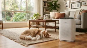 A HEPA ioniser air purifier under £200 effectively capturing floating pet hair and dander in a family lounge.