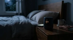 Compact HEPA UV-C air purifier combination placed on a bedside table in a cosy London apartment bedroom at night.
