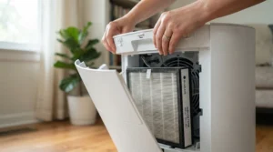 Close-up showing a HEPA UV-C air purifier combination filter being replaced for optimal indoor air quality.