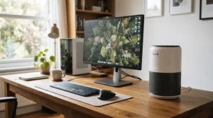 A stylish HEPA UV-C air purifier combination sitting on a desk next to a laptop in a home office workspace.