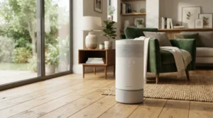 A sleek HEPA UV-C air purifier combination operating quietly in a modern British living room with neutral decor.