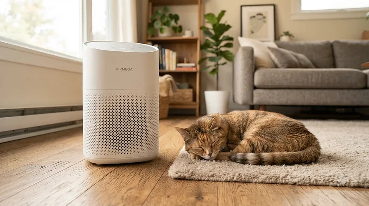 HEPA UV-C air purifier combination operating efficiently in a living space shared with a sleeping pet cat.