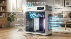 A technical diagram explaining how an ioniser air purifier cleans indoor air