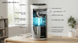 Detailed diagram showing airflow and ultraviolet sterilisation inside a UV-C air purifier