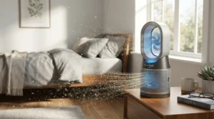 Close-up of an ioniser air purifier for allergies capturing dust particles in a sunlit bedroom