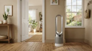 An ioniser air purifier for allergies operating in a bustling suburban family home hallway