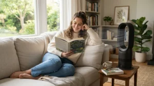 A person relaxing comfortably indoors thanks to an ioniser air purifier for allergies during pollen season