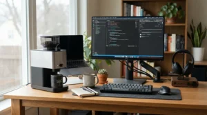 An ioniser air purifier for allergies sitting on a desk in a London flat home office
