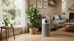 An ioniser air purifier for allergies operating quietly in a cosy British living room during spring