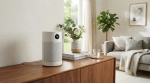 An ioniser air purifier operating quietly in a modern British living room