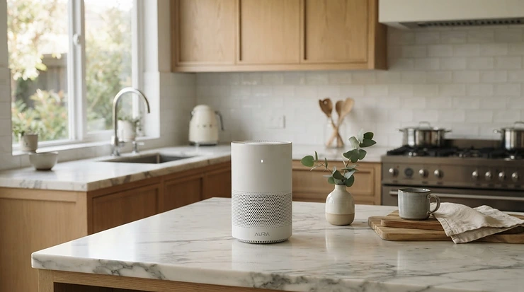 A modern ioniser air purifier reducing odours in a contemporary kitchen