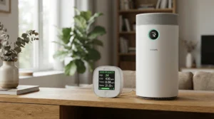 A performance review setup showing air quality testing metrics next to a photocatalytic air purifier