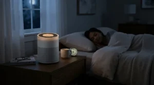 A quiet photocatalytic air purifier on a bedside table in a cosy Victorian bedroom