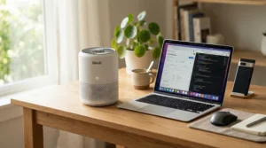 A photocatalytic air purifier for VOCs on a wooden desk next to a laptop in a spare bedroom office.