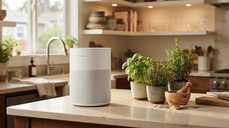 A compact photocatalytic air purifier for VOCs neutralising cooking smells in a contemporary London kitchen.