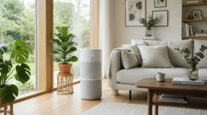 A photocatalytic air purifier for VOCs operating quietly in a modern British living room with large sash windows.