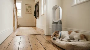 A photocatalytic air purifier for VOCs reducing pet dander and lingering odours in a family hallway.