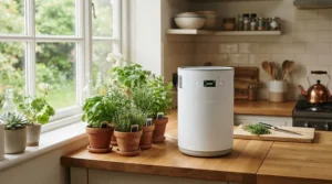 A photocatalytic air purifier neutralising cooking odours in a contemporary flat kitchen