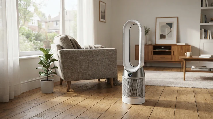 A sleek photocatalytic air purifier operating quietly in a modern British terraced house living room