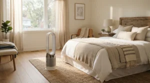 A bedroom showing a photocatalytic air purifier vs HEPA unit for managing seasonal allergies in a British home.