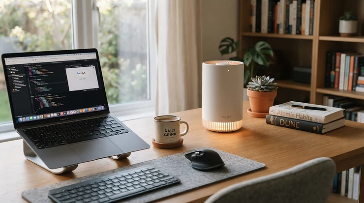Improving workspace air quality with a photocatalytic air purifier vs HEPA model on a desk.