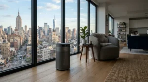 A London apartment living space featuring a photocatalytic air purifier vs HEPA device for city pollution.