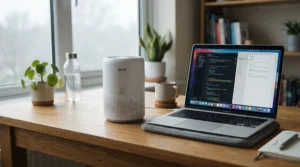 Portable HEPA carbon air purifier for smokers sitting on a desk in a dedicated home office setup