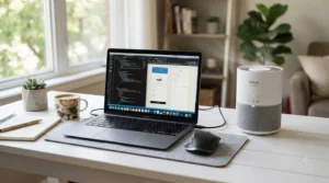 A portable ioniser air purifier sitting on a desk in a home office