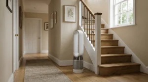 A portable photocatalytic air purifier improving airflow in a narrow Victorian hallway