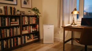 A quiet HEPA carbon air purifier for smokers running in a cosy London flat study