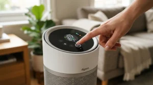 Touch controls on a modern UV-C air purifier for bedroom being adjusted by a homeowner