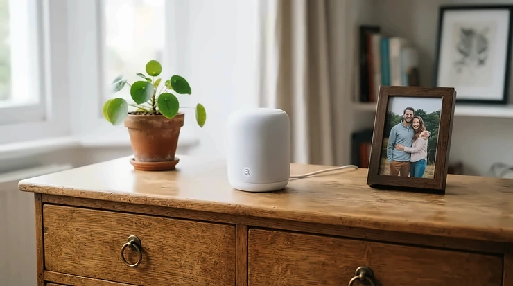 Modern UV-C air purifier for bedroom sitting elegantly on top of a oak wooden chest of drawers