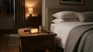 Compact UV-C air purifier placed on a bedside table in a contemporary flat at night