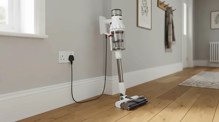 Energy-saving UV-C air purifier plugged into a wall socket in a terraced house